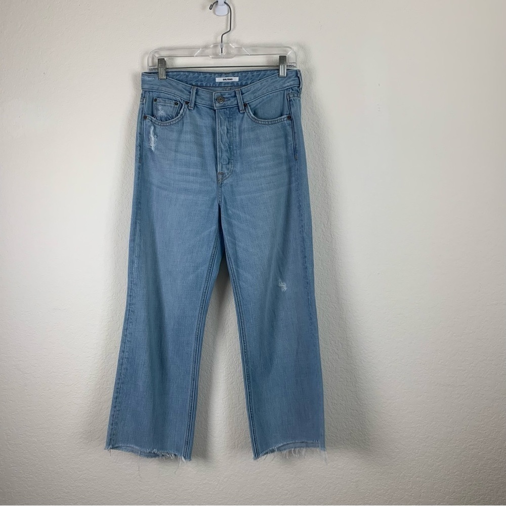 GRLFRND Womens Bobbi isla Bonita blue button fly raw hem crop jeans